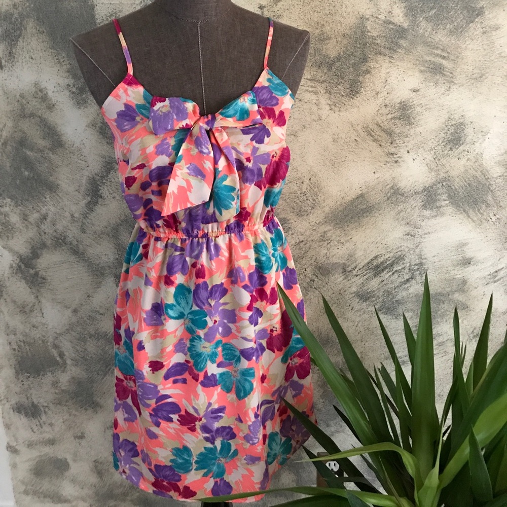 I Love H81 Lightweight Floral Print Summer Dress w/Bow Front Detail, XS